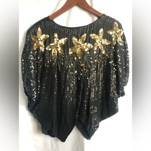 Vtg Black & Gold Sequin Floral Sparkle Bling 80s 100% Silk New Years Party Sz L